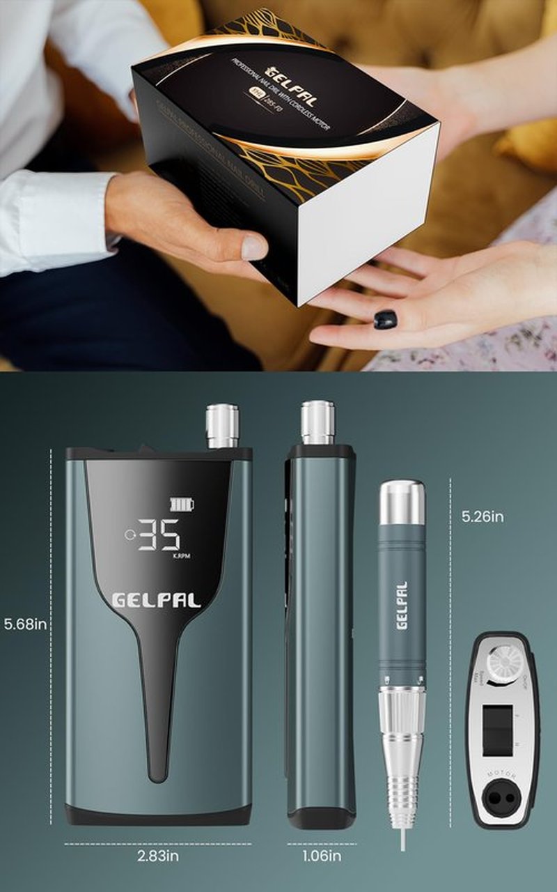 Gelpal Rechargeable Nail Drill - Brushless Motor - Electric Nail Drill for Acrylic Nails Professional,35000RPM Electric Nail File,Cordless for Home Salon, Low Noise, Low Heat, Blue Grey