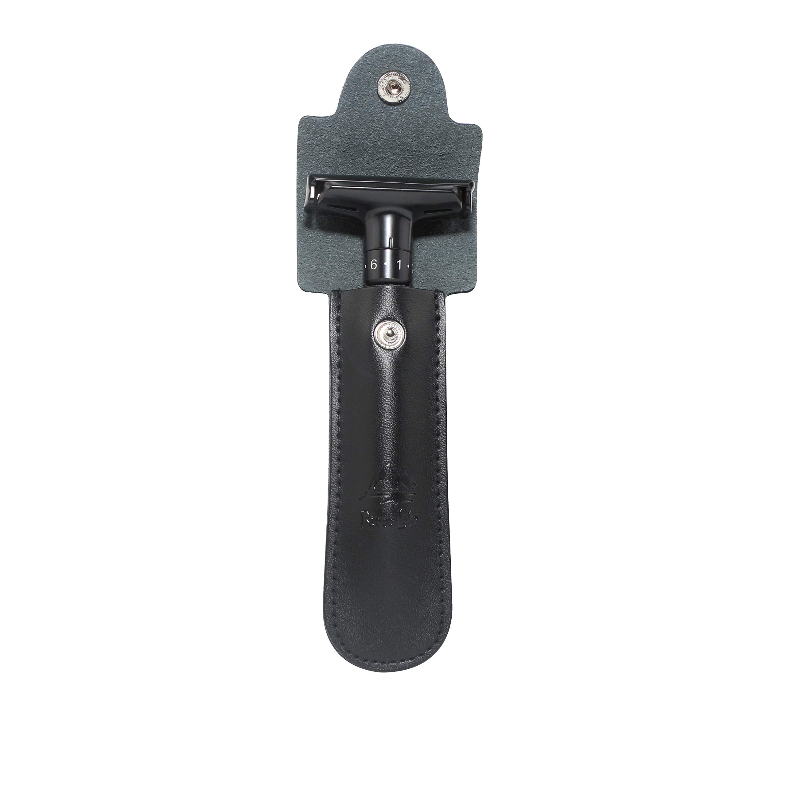 Adjustable Safety razor double edge razor Classic Safety razor, Matte black coating.RZ700 (1 Razor, 1 Leather Protective Sleeve & 10 pcs Titanium Coated Blades)