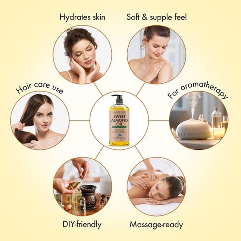 Majestic Pure Sweet Almond Oil 8 Fl Oz - 100% Pure and Natural- Cold Pressed & Hexane Free Natural Hair Growth Oil for Eyelashes, Eyebrows, Skin, Body, Face, Nails & Scalp