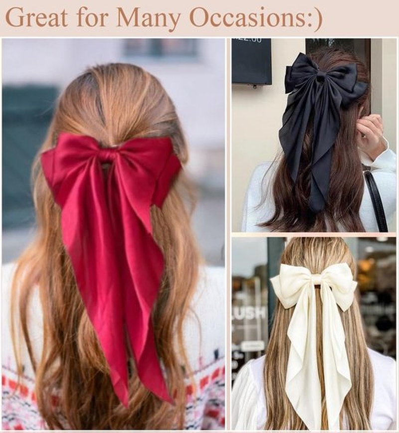 12PCS Hair Bows for Women Big Silky Satin Bow Clips with Long Tails Oversized, Cute Halloween Christmas Hair Accessories for Women, Aesthetic Large Ribbons Bow