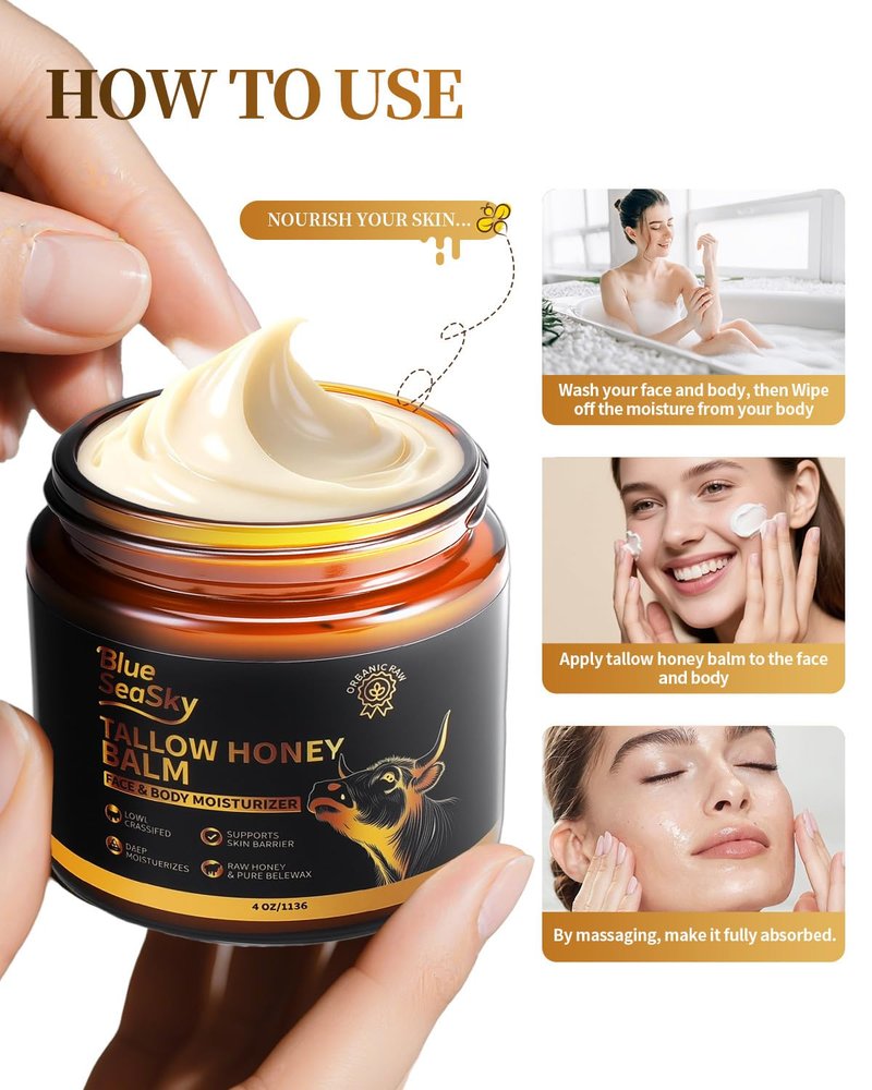 Upgraded Beef Tallow for Skin Handmade Whipped Organic Grass-Fed Tallow and Honey Balm for Eczema & Rosacea,Non-Comedogenic,Beef Tallow Face Moisturizer for Dry, Sensitive Skin(4oz Unscented)