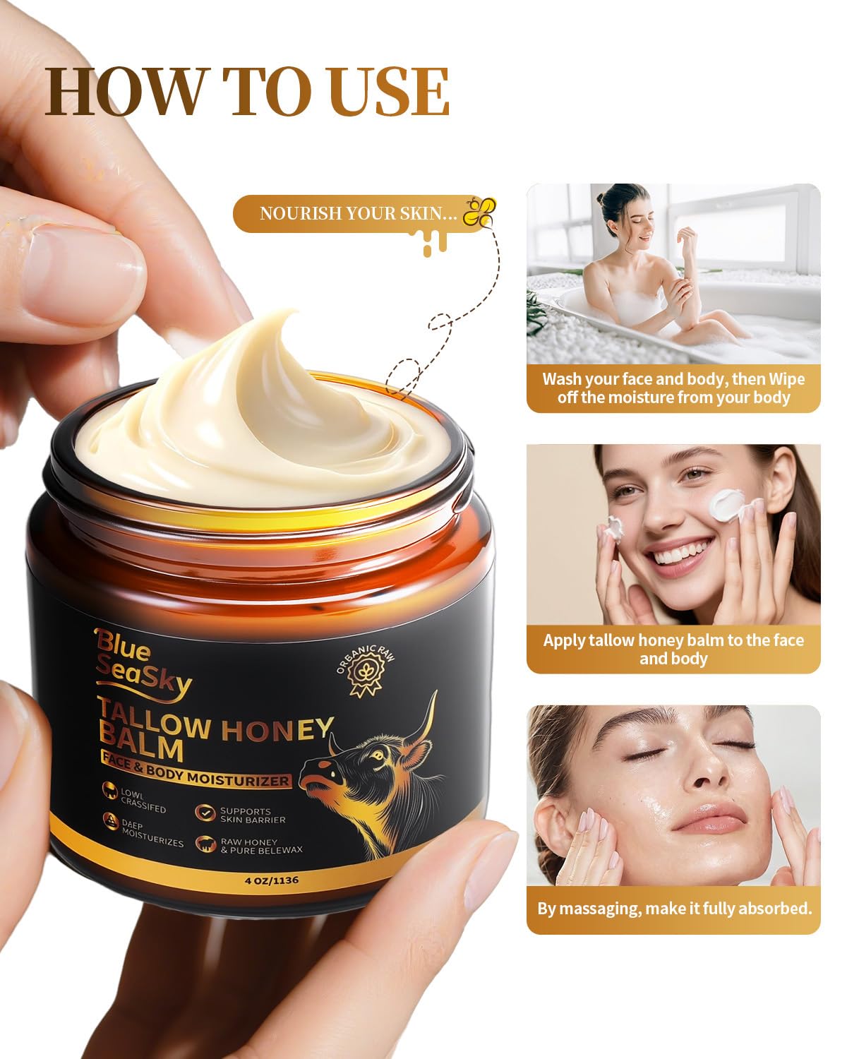 Blue Sea Sky Whipped Grass Fed Beef Tallow Balm with Raw Honey, Tallow Moisturizer for Dry Sensitive Skin, Redness Itch Relief, Eczema Rosacea Support, Non-Comedogenic Face & Body Skin Care