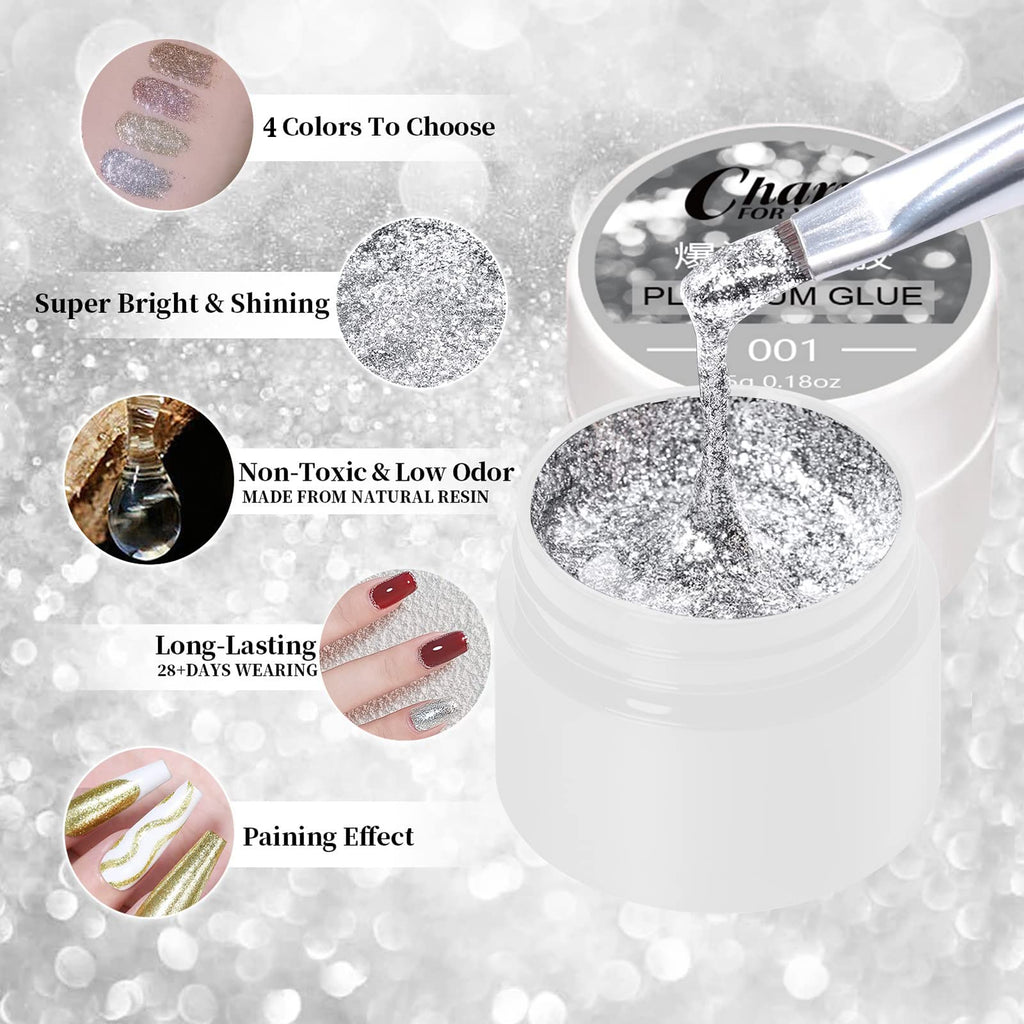 VERONNI Glitter Gel Nail Polish Chrome Platinum Glitter Gel Nail Polish Set, Sparkly Shiny Silver Gold Pink Champagne 4 Colors Nail Art Painting Drawing Home DIY Manicure Nail Salon