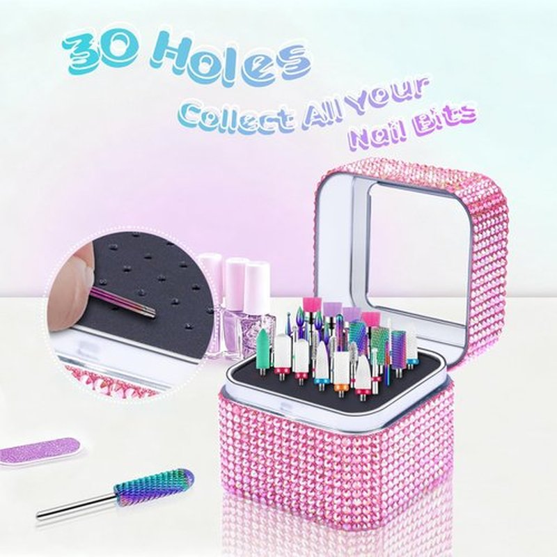 Nail Drill Bit Holder, Dustproof Rhinestones Drill Bit Organizer Case 30 Holes Efile Nail Tech Bits Storage Container Box Manicure Tools E file Accessories Collector for Salon, Travel, Home(Only Box)