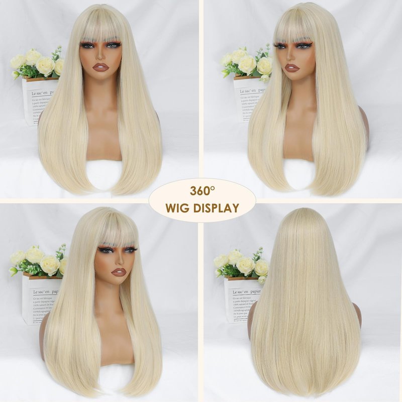 VOZIFAXIU Blonde Wig with Bangs for Women 24 Inch Long Straight Blonde Wigs Synthetic Heat Resistant Wig for Daily Party Use