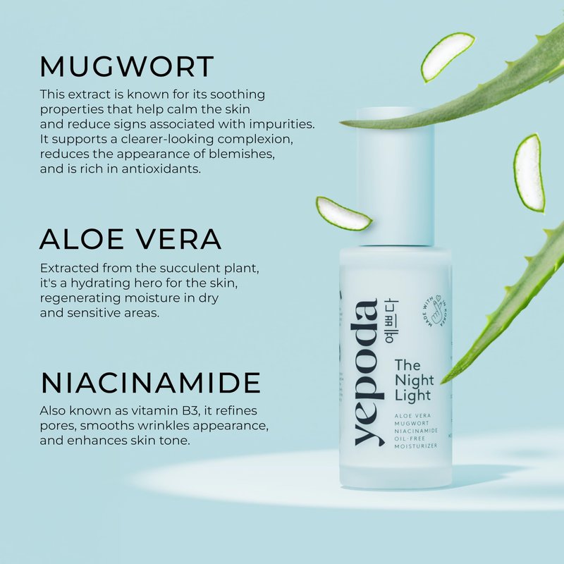 Yepoda The Night Light, Oil-Free Soothing & Clarifying Night Moisturizer with Aloe Vera, Mugwort & Niacinamide, Hydrating Vegan Korean Facial Moisturizer for All Skin Types, 1.69 FL. OZ. (50 ml)