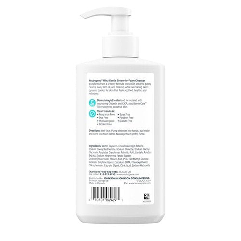 Neutrogena Ultra Gentle Cream to Foaming Face Wash for Sensitive Skin, Fragrance-Free Gentle Facial Cleanser, Hypoallergenic Skin Care, Non-Comedogenic Makeup Remover, 12 fl oz