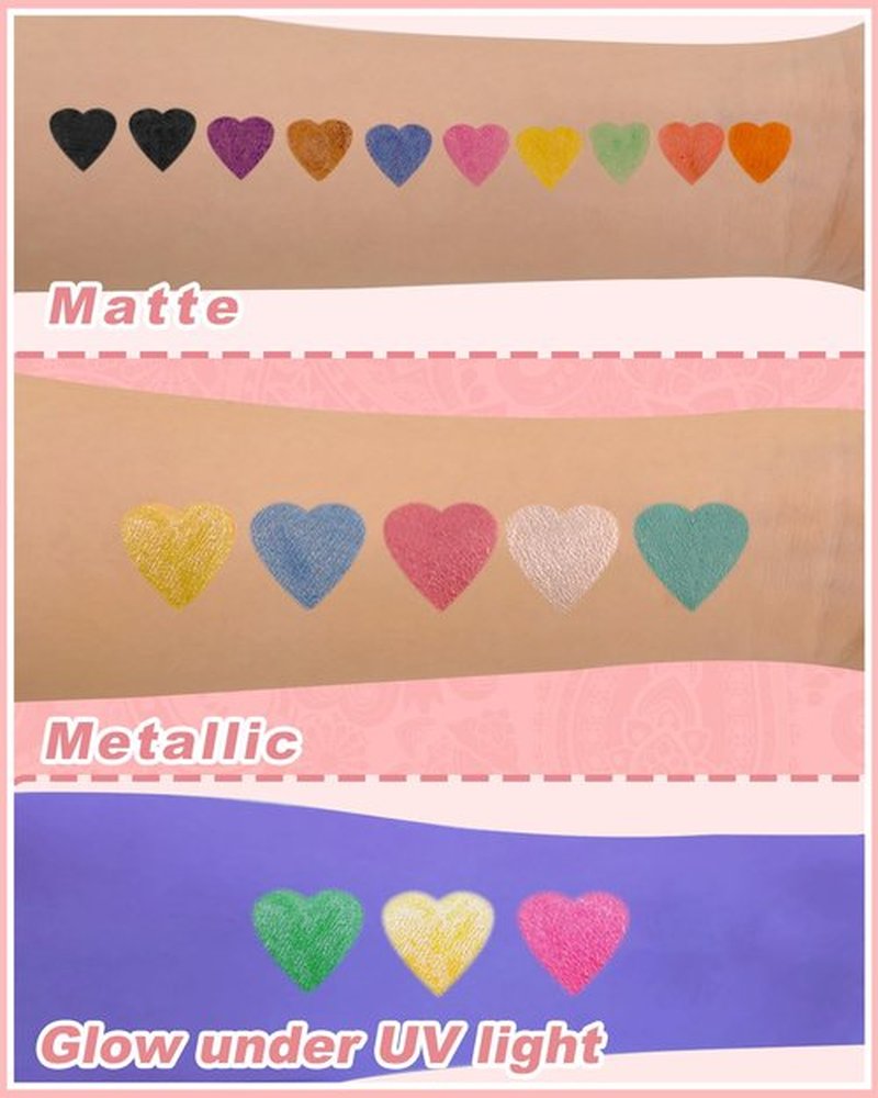Oiomniv Temporary Tattoo Markers, 15PCS Body Markers Dual-End for Teens Adults, 62 Tattoo Stencils Temporary Tattoos Stickers, Glitter Matte Neon Tattoo Pens, Flexible Brush Tip, Skin Safe