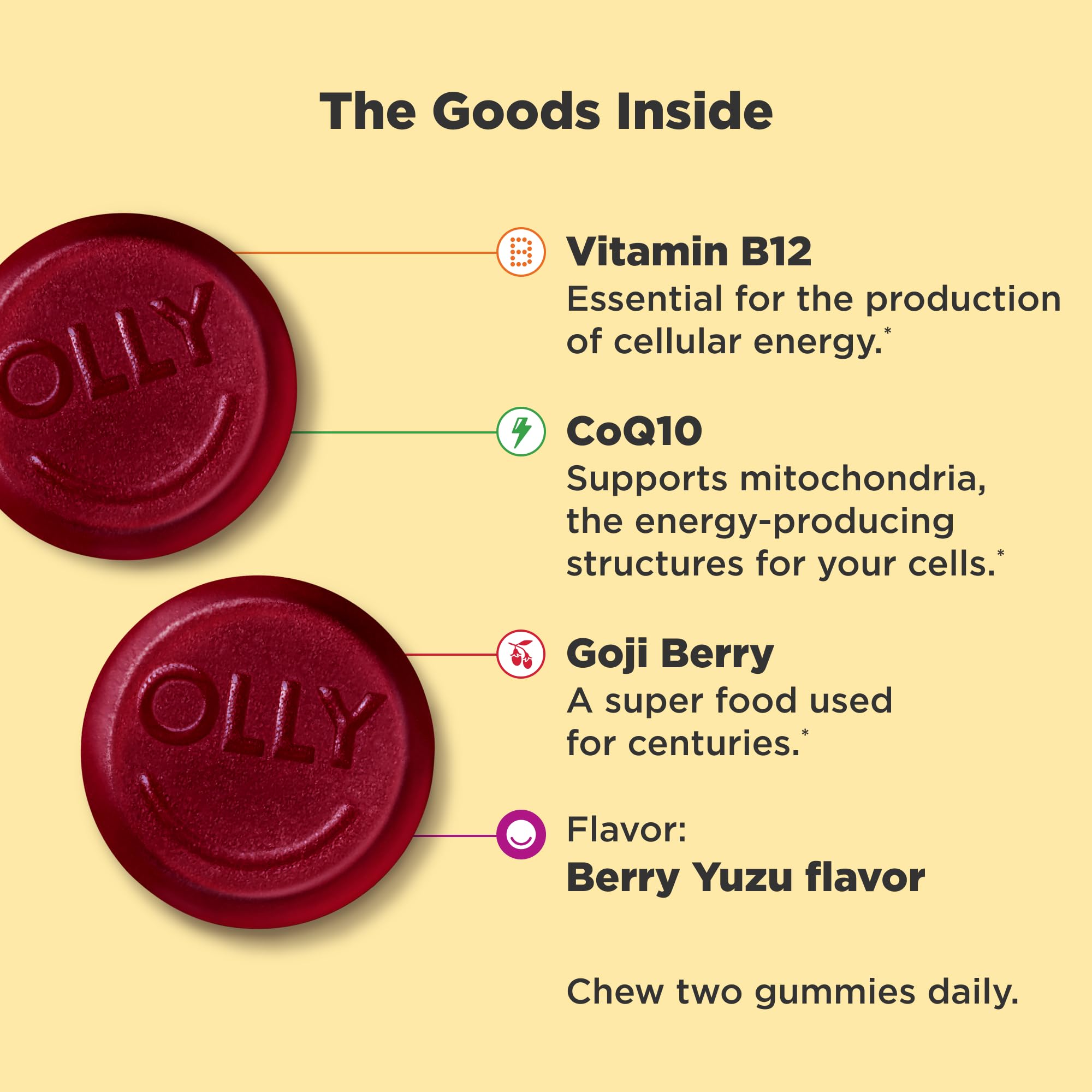 OLLY Extra Strength Daily Energy Gummy, Caffeine Free Cellular Energy Production,* 1000 mcg Vitamin B12, CoQ10, Goji Berry, Adult Chewable Supplement, Berry Yuzu Flavored, 30 Day Supply - 60 Count