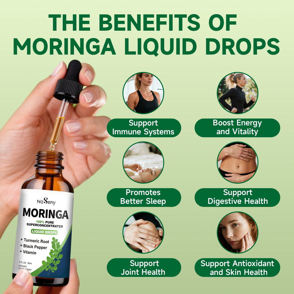 NaSeny Organic Moringa Oleifera Liquid Drops, 1000mg Moringa Leaf Extract w. Turmeric, Black Pepper, Moringa Supplement for Energy, Antioxidant, Joint & Gut, Fast Absorption, Vegan, Non-GMO, 2 Fl Oz