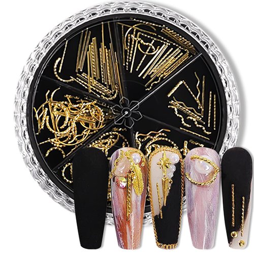 SILPECWEE 4 Boxes Gold Nail Charms Nail Jewels 3d Nail Art Charms Hollow Nail Studs Beads Charms For Nails Metal Chains Nail Art Decoration with Tweezers