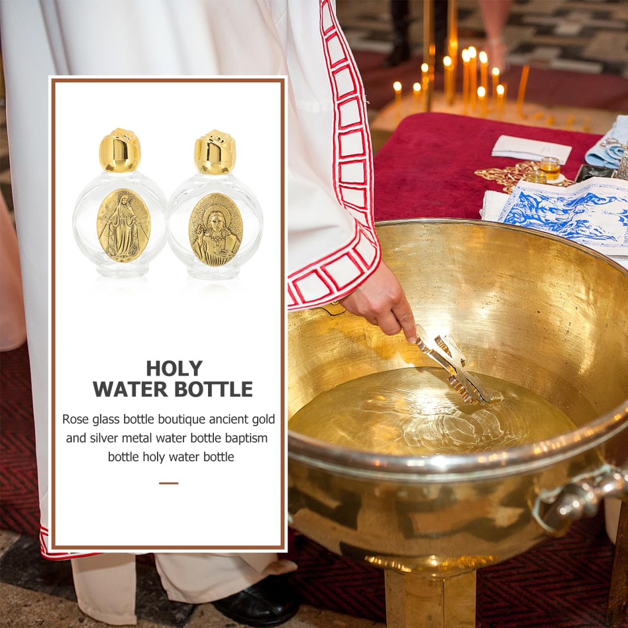 Didiseaon 2 Pcs Holy Water Bottle Catholic – Leak Proof Glass Water Container with Vintage Jesus Relief – Portable Travel Size Essentials for Baptism First Communion Easter (Gold)