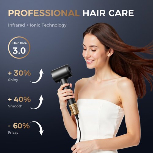 Infrared Hair Dryer, with Magnetic Nozzle - 160000 RPM Quiet lonic Blow Dryer for Women, with Frizz Control & No Heat Damage, Red Light Negative Ions, Fast Drying, for All Hair Types