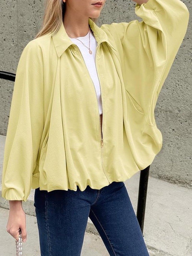 Tankaneo Women's Oversized Bomber Jacket - Stylish Batwing Sleeve, Zip-Up Design, Pleated Lapel