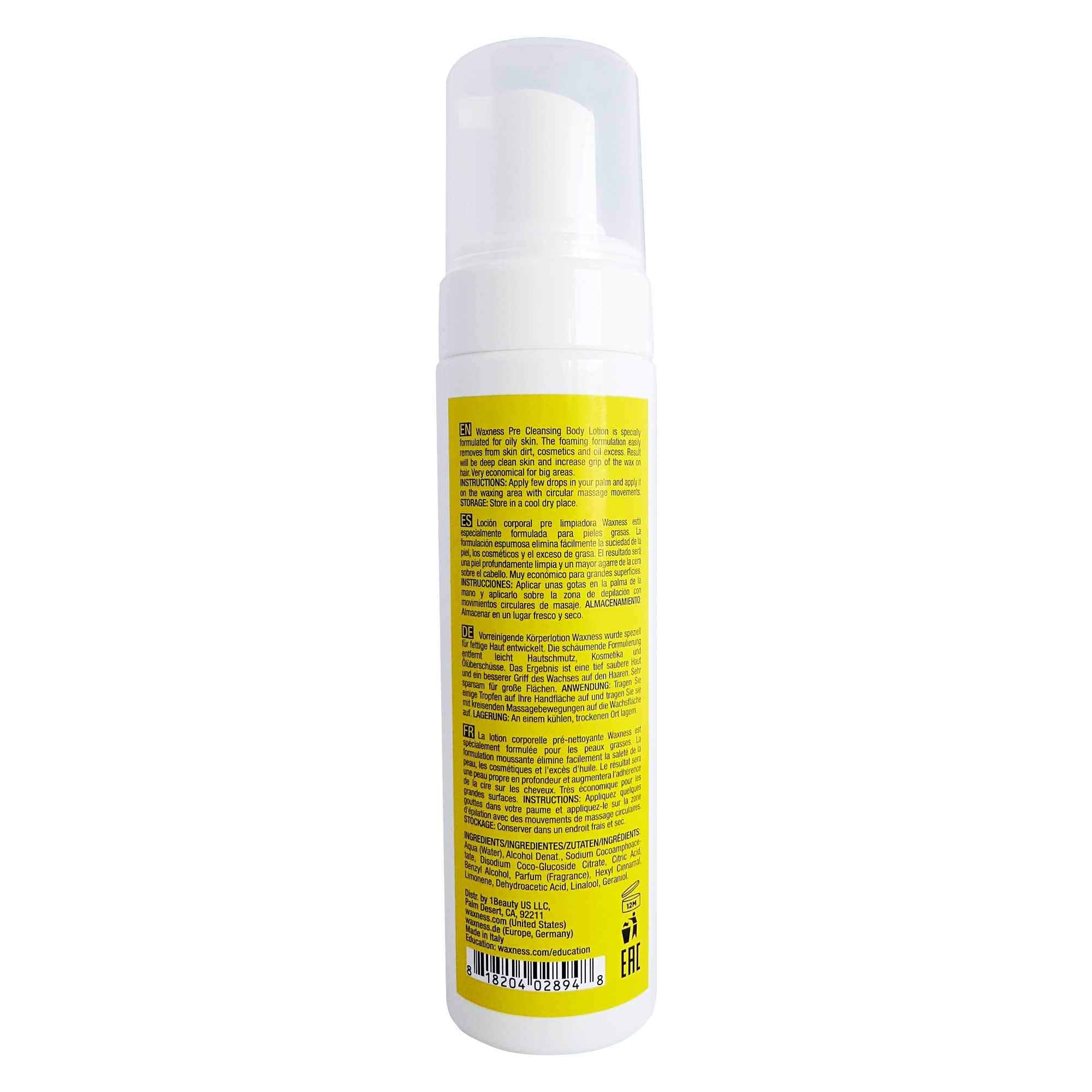 Waxness Pre Waxing Cleansing Foaming Lotion 6.7 fl oz (200 ml) – Skin Prep Cleanser for Oily Skin Before Waxing, Removes Oil & Residue – Made in Italy