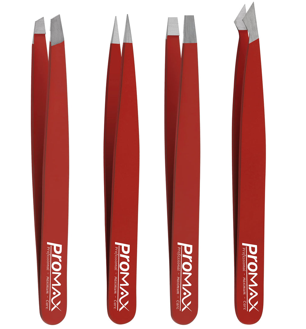 PromaxCare Tweezers Set - Professional Stainless Steel Tweezers for Eyebrows - Great Precision for Facial Hair, Splinter and Ingrown Hair Removal (Red)