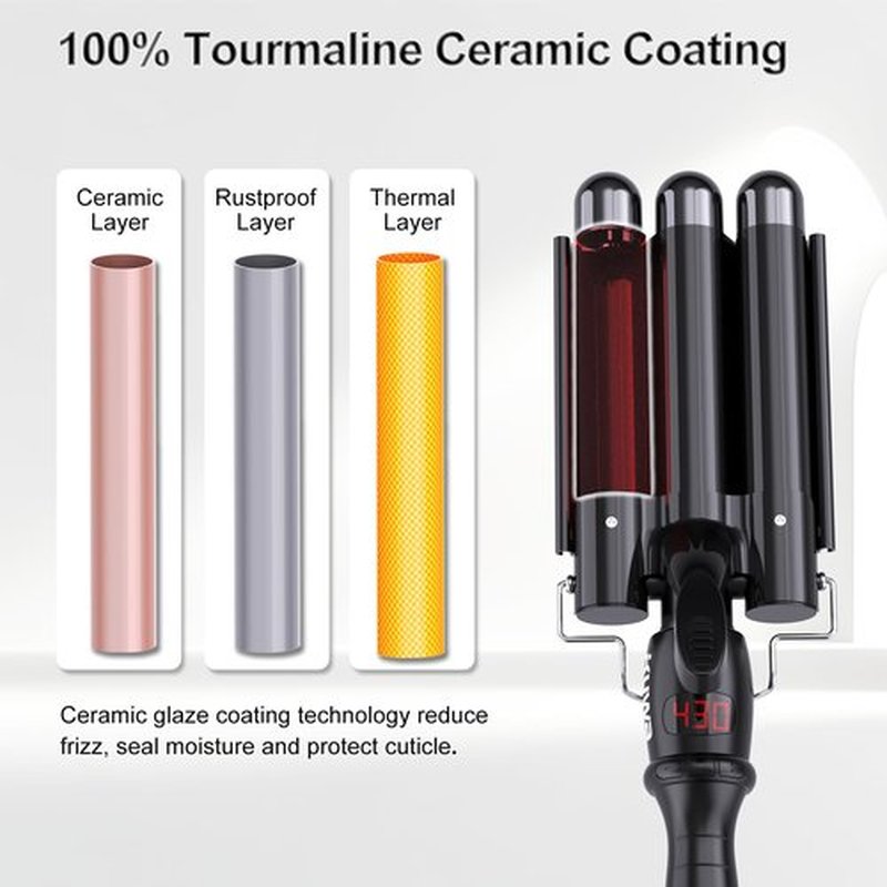 kuwa Three Barrel Curling Iron,Hair Crimper with LCD Temperature Display,1 Inch Crimper Hair Tool,Dual Voltage Hair Crimper,Beach Waver Curling Iron (Black)