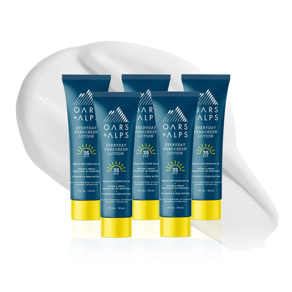 Oars + Alps Travel Sunscreen Body Lotion for Everday Use, SPF 35 Body & Face Sunscreen Lotion, Infused with Aloe & Vitamin E, No Residue, Water & Sweat Resistant, All Skin Types, Lightweight, 1oz, 5pk