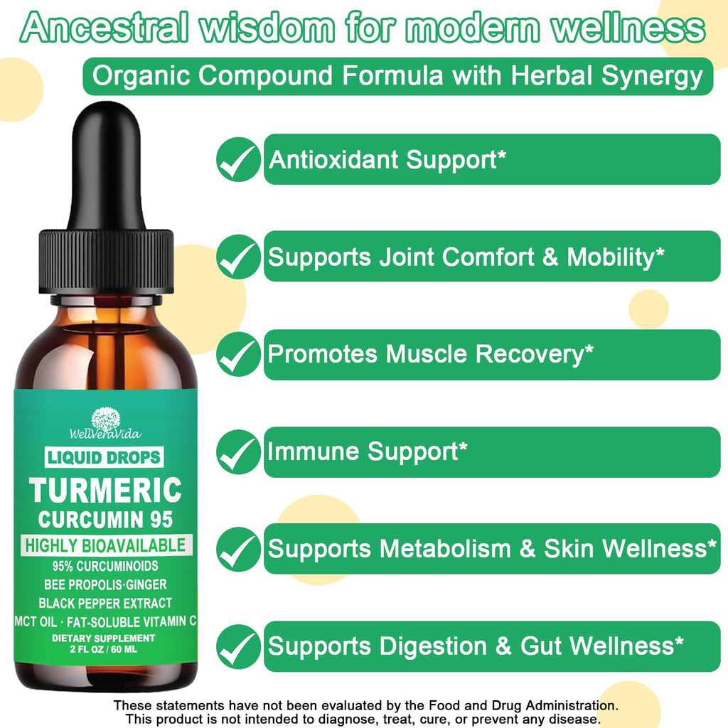 Turmeric Curcumin Supplement Drops with 95% Curcuminoids, Enhanced Absorption Liquid Turmeric Complex 1000mg w/Bee Propolis Ginger MCT Oil Vitamin C & Black Pepper for Joint & Immune Support | Non GMO