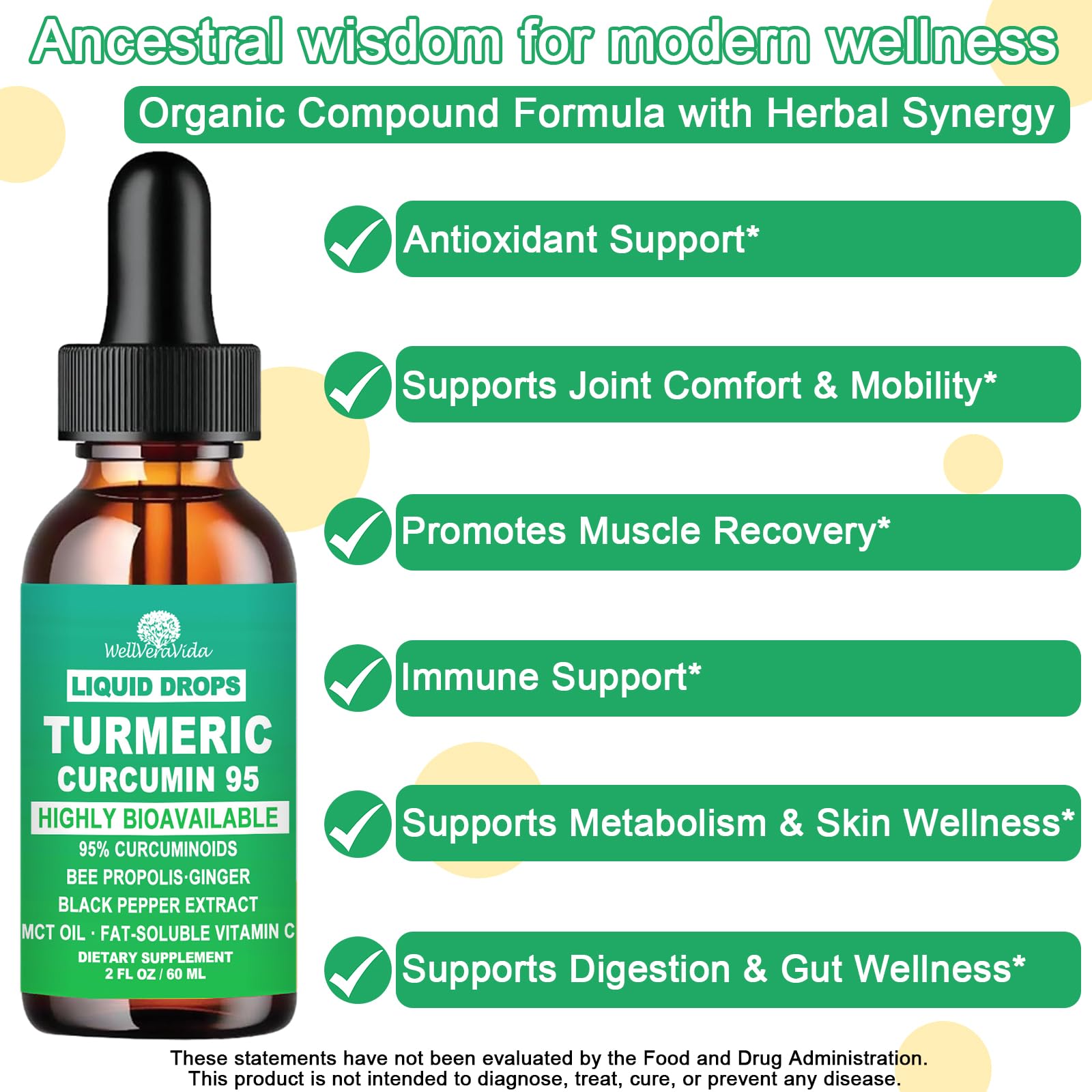 Turmeric Curcumin Supplement Drops with 95% Curcuminoids, Enhanced Absorption Liquid Turmeric Complex 1000mg w/Bee Propolis Ginger MCT Oil Vitamin C & Black Pepper for Joint & Immune Support | Non GMO
