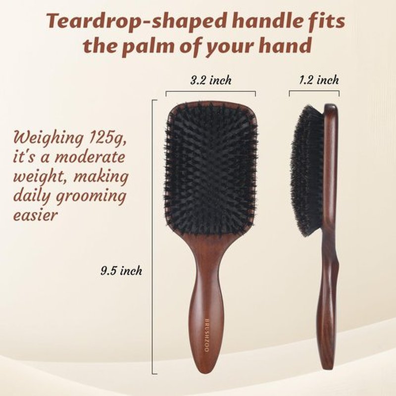 BRUSHZOO Boar Bristle Hair Brush for Women Men, Paddle Hair Brush for Fine Thin Normal Hair, Reduce Frizz, Add Shine and Texture