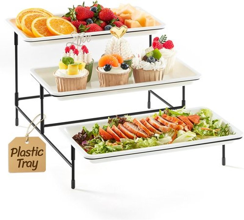Lifewit 3-Tier Serving Tray - White Plastic Tiered Food Platter with Black Metal Stand | 30 x 17 cm
