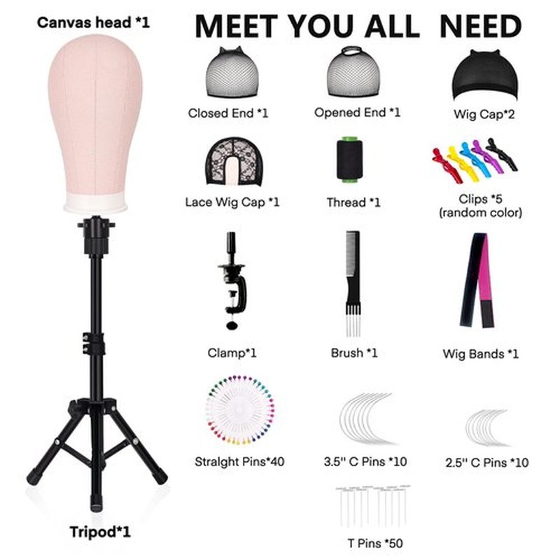 GHWMYD 22 Inch Canvas Wig Head Mannequin Head With 63in Tripod Stand, Manikin Canvas Head Set for Wigs Making Display Styling with Tripod Table Clamp Wig Caps Pins Set Hair Brush, Clips(Pink)