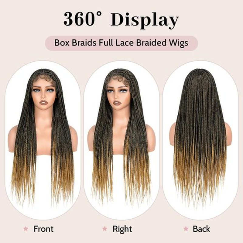 Suntefic Braided Wig for Black Women Human Hair Blended Glueless Full Double Breathable Lace Front Braids Wig with Baby Hair Lightweight Handmade African American Braided Wigs (Ombre Blonde, 32 Inch)