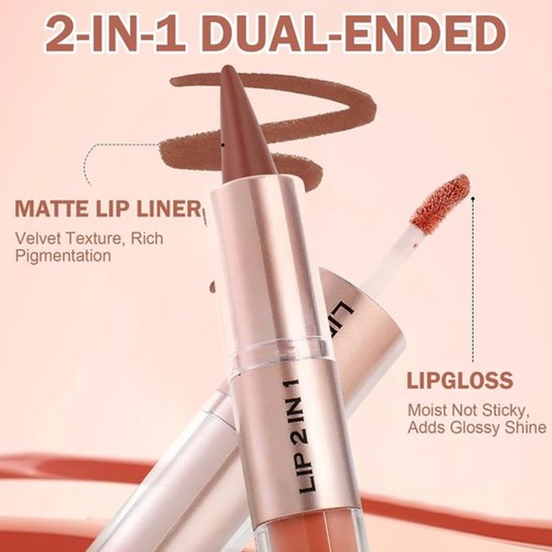Skiennix Lip Liner & Gloss Lipstick Combo - 2-in-1 Dual-Ended Set, Soft Pink Velvet Matte & Light Pink Glowy Finish, Long-Lasting Plumping Effect