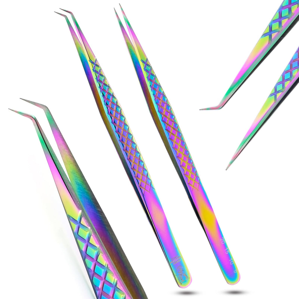2pcs Curved & Straight Isolation Tweezers for Eyelash Extensions – 14cm Japanese Stainless Steel, Diamond Grip Non Slip Grip, Rainbow Set, Best for Classic & Individual Lashes