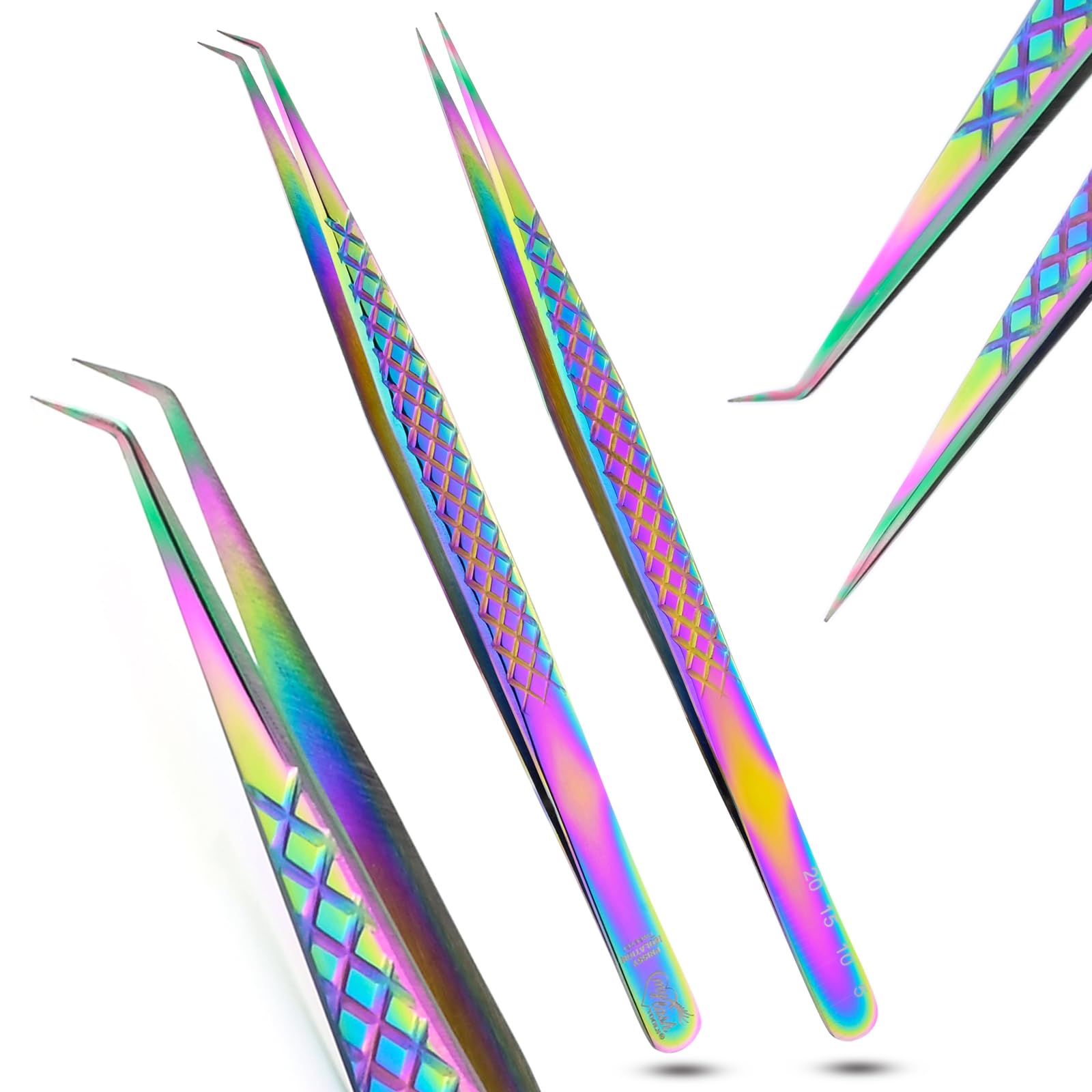 2pcs Curved & Straight Isolation Tweezers for Eyelash Extensions – 14cm Japanese Stainless Steel, Diamond Grip Non Slip Grip, Rainbow Set, Best for Classic & Individual Lashes