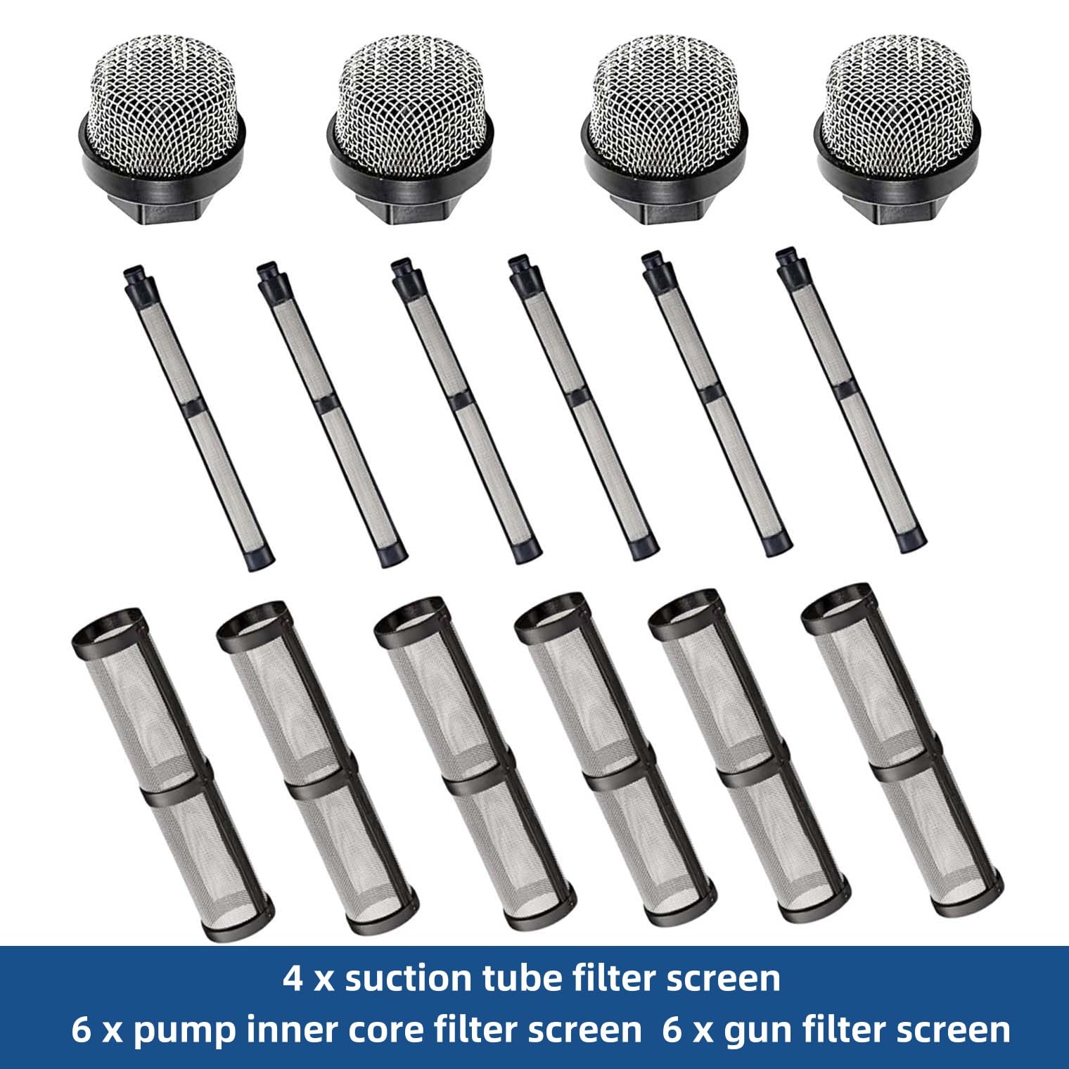 (4+6+6) 246385 246384 287032 Spray Gun Filter Set Fits for Graco 390 395 490 495 495 595 3400 Airless Paint Sprayer，Including Pump Inner Core Filter， Inlet Suction Pipe Filter and 60 mesh Filters