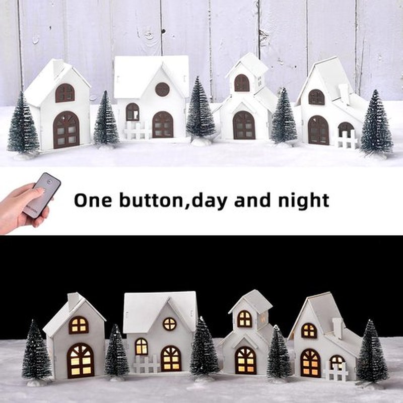 Ovootok Christmas Sculpture Set - 9-Piece LED Lighted Houses & Frosted Trees for Tabletop Décor