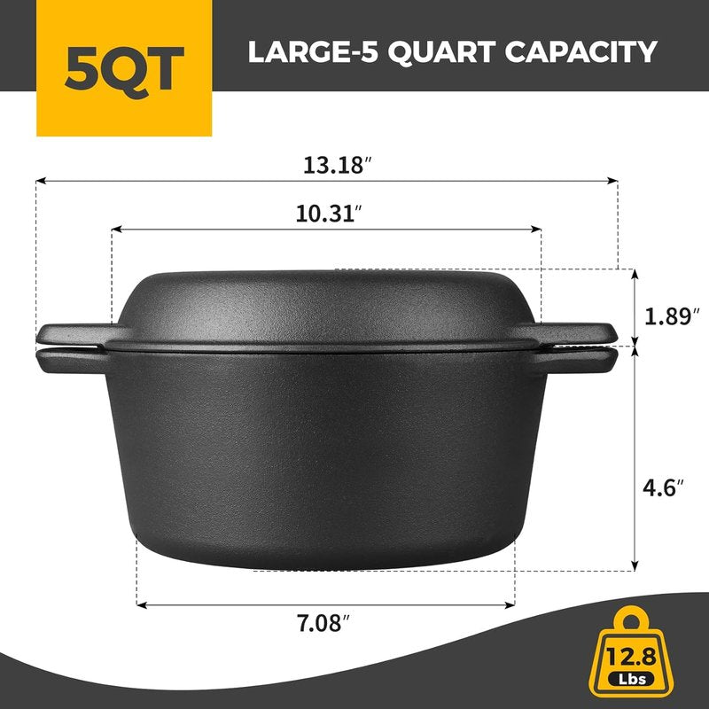 EDGING CASTING 5QT Pre-Seasoned Cast Iron Dutch Oven - 2-in-1 Sourdough Bread Baking Pan & Skillet Lid