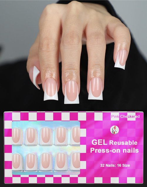 OIFEN 16 Sizes Short Duck Nails Press on, 32pcs Deep White French Tip Gel Nails for Women Manicure with Glue & Stick, Nude French