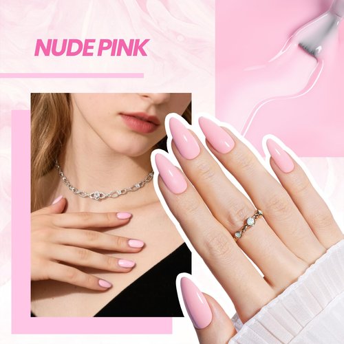 Beetles Nude Pink Gel Nail Polish Kit with UV LED Light Nail Lamp 6 Pcs Starter Kit Base Gel Top Coat Soak Off Nude Pink Polish Set with Nail File for DIY Manicure Gifts for Women