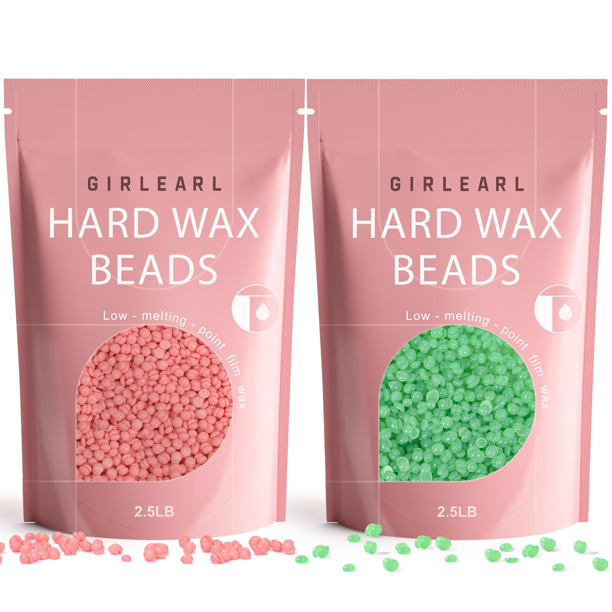 GIRLEARLE 2-Pack Hard Wax Beads, 2.5lb Aloe for Brazilian Bikini & Sensitive Skin, 2.5lb Rose for Face & Body, Legs, Eyebrow, Facial Coarse Hair