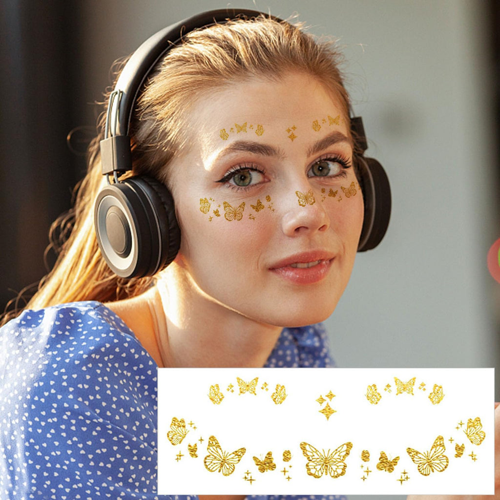 VIWIEU Glitter Butterfly Rose Face Tattoos Temporary for Women and Girls 10 Sheets, Gold Metallic Face Eye Makeup Stickers for Fairy, Princess, Halloween Costume, Christmas, NYE Festival Party Favors
