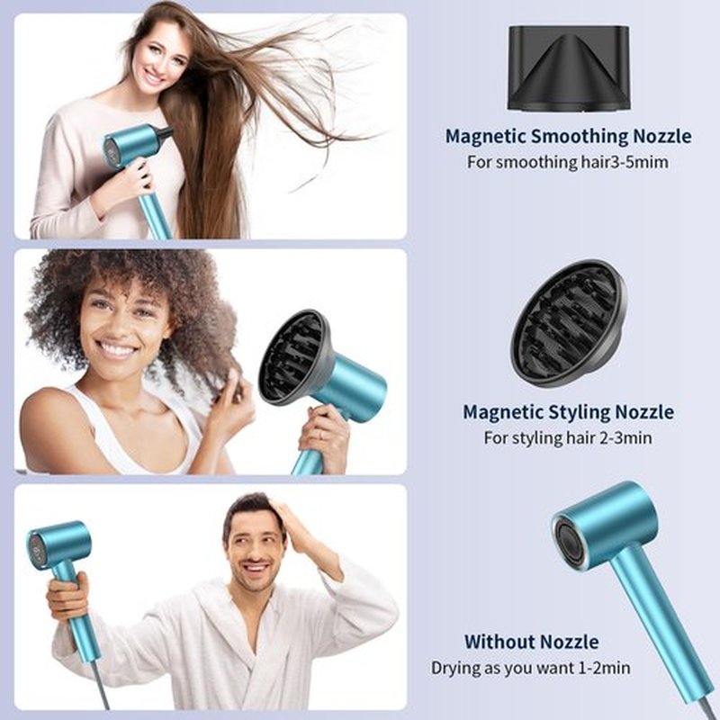 Hair Dryer, 150000 RPM Professional High-Speed Blow Dryer 500 Millions Negative Ionic Care Hair Dryer for Fast Drying, Low Noise 4 Temp/3 Speeds Hairdryer, Travel with Magnetic Diffuser & Nozzle