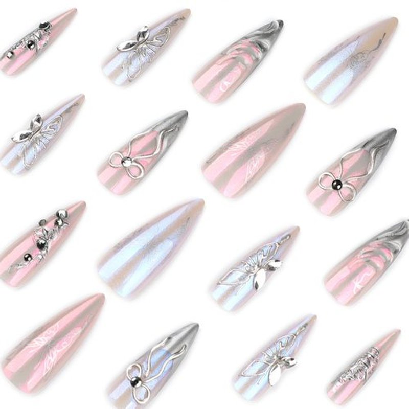 Almond Press on Nails Silver Fake Nails 3D Embossed Artificial Nail Acrylic Stick on Nail for Women 24pcs