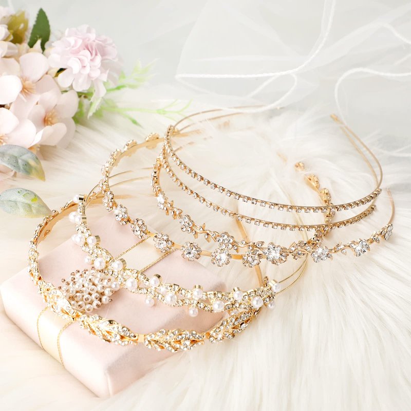 XunYee 5 Pcs Gold Rhinestones Headbands for Women Flower Leaf Tiara Crown Headband Metal Prom Headpiece Bridal Wedding Hair Accessories for Bride Girl Party(Gold)