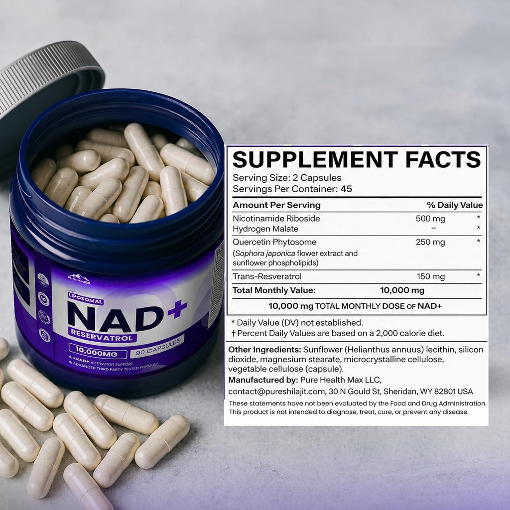 PURE HEALTH MAX PHM NAD Resveratrol Supplement - NAD+ Liposomal Supplements for Men and Women | NMN & NMNH Alternative | 90 Capsules, 1 Months Supply