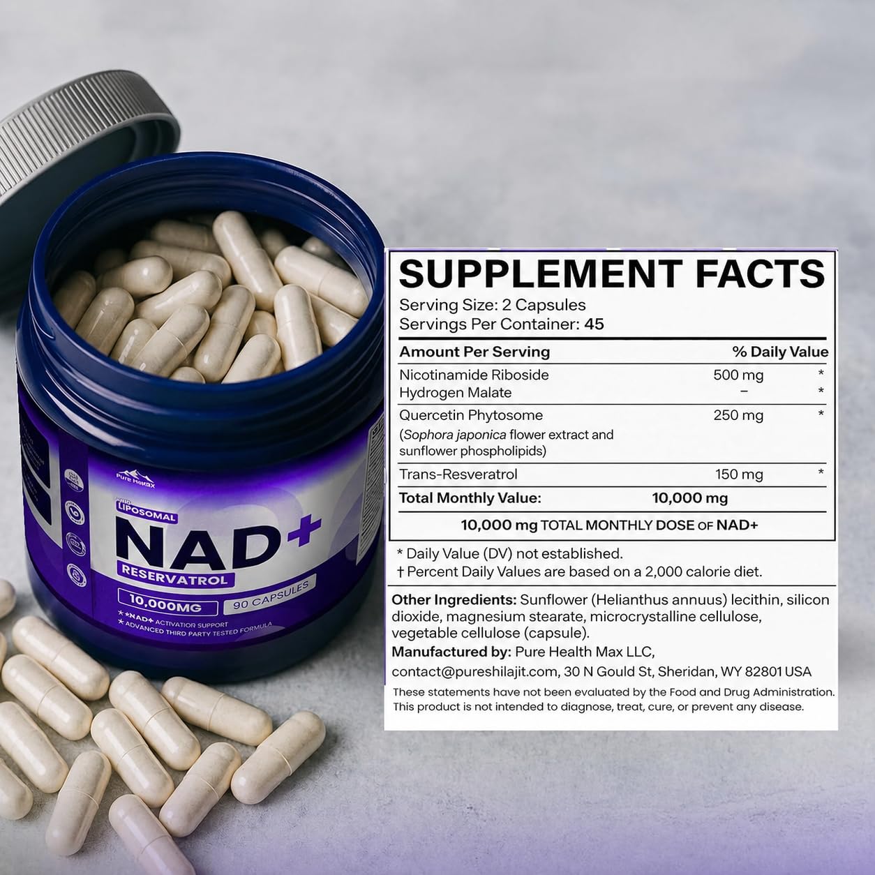 PURE HEALTH MAX PHM NAD Resveratrol Supplement - NAD+ Liposomal Supplements for Men and Women | NMN & NMNH Alternative | 90 Capsules, 1 Months Supply