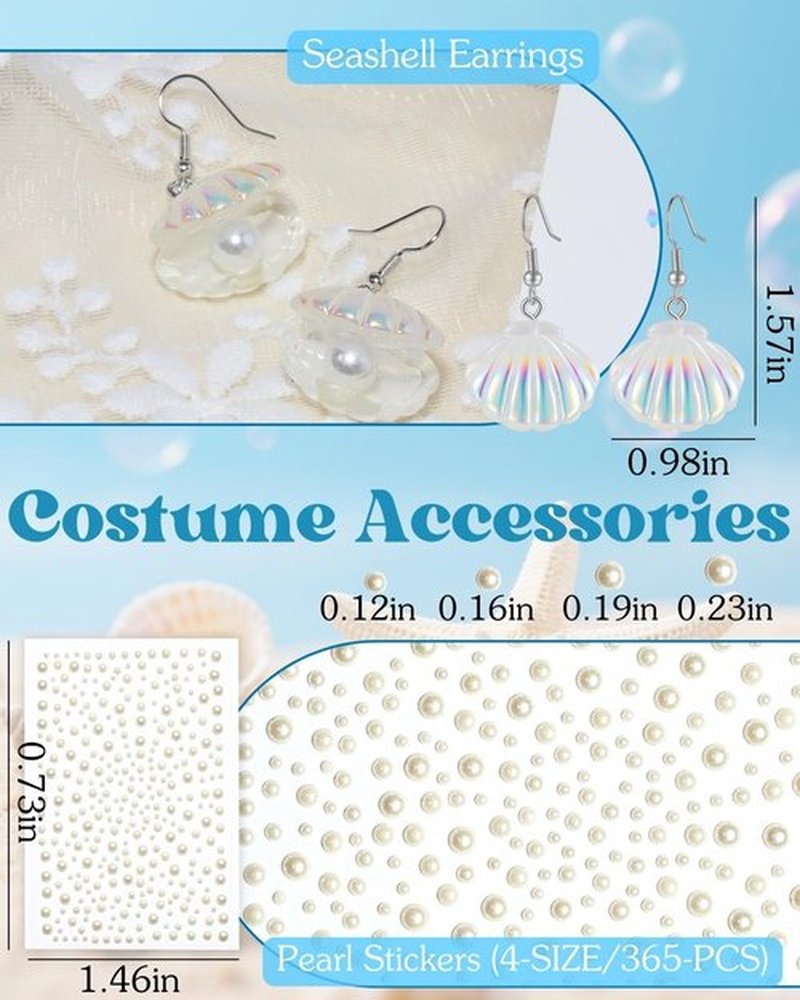 Starfish Hair Clip Mermaid Accessories: 6-PCS Halloween Costume Accessories for Women Girls Mermaid Sea Party Cosplay, Hair Clips Set with Face Glitter Gel Seashell Earrings Pearl Stickers (Realistic)