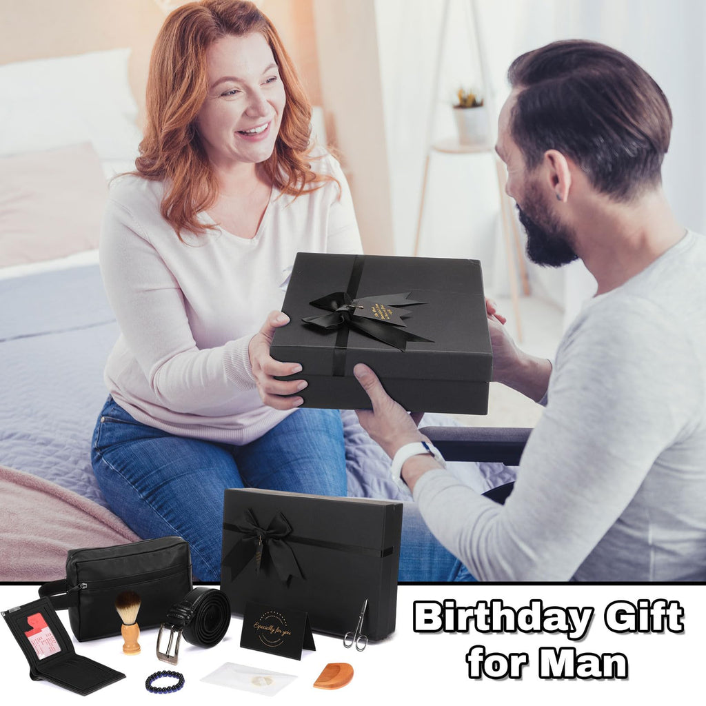 Shyyween 10 Pcs Birthday Gifts Baskets for Men Father Gift Get Well Soon Gifts Beard Care Set Graduation Gift for Him with Bathrobe, Wallet, Beard Comb & Brush Set for Dad Boyfriend Husband(Blue)