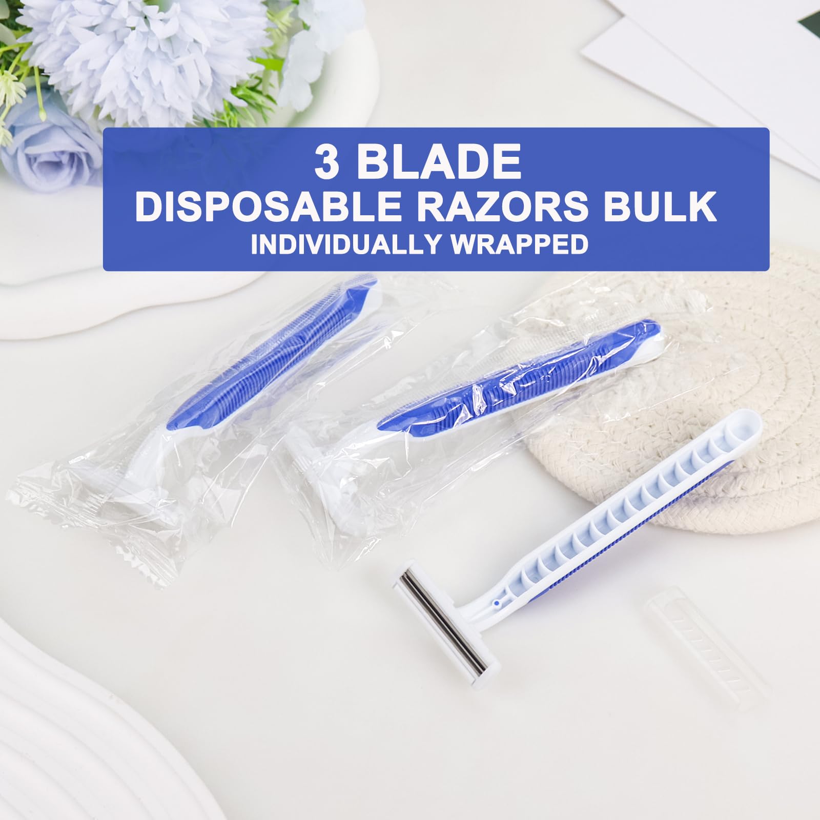 Xuezoioy Disposable Razors Bulk Pack of 50,Blue Travel Bulk Razors Single Use Individually Wrapped 3 Blade Men's Disposable Shaving Razors with Clear Cap for Homeless,Hotel,Charity,Air Bnb,Unisex