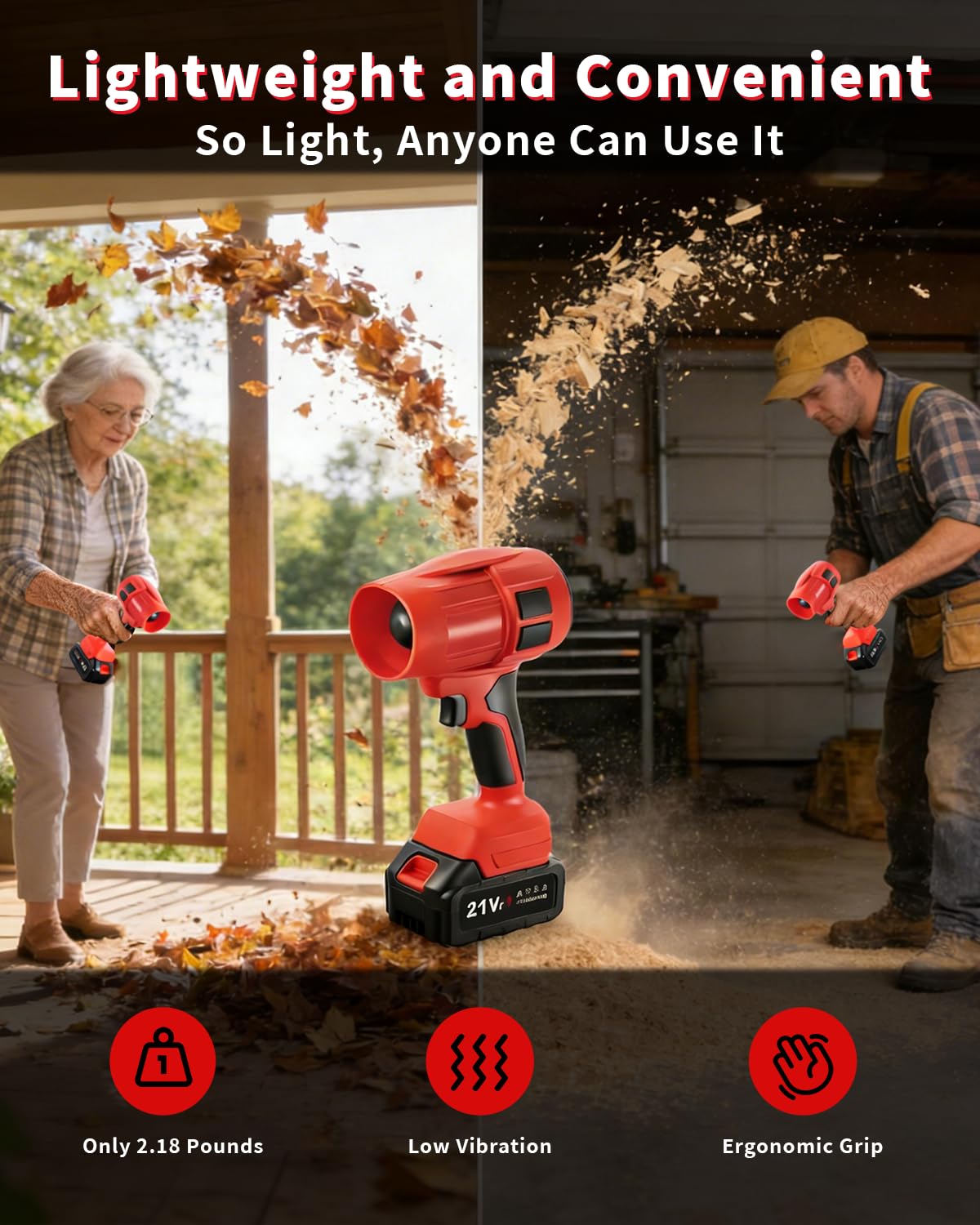 Power Leaf Blower 21V Cordless Lightweight Handheld Electric Turbo Jet 2x4Ah Batteries Fast Charger 1000,000 RPM High Speed with Ergonomic Handle for Yard Cleaning Lawn Maintenance Blowing Leave (Red)