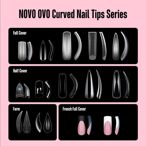 NOVO OVO Halloween 100 pcs Long Hawk Curved Nail tips, Clear Cystal Extra Super Extreme Deep Curve Half Cover Tapered Square Eagle Claw Soft Gel False Nail Extension for Acrylic Nails x10 Sizes in Box