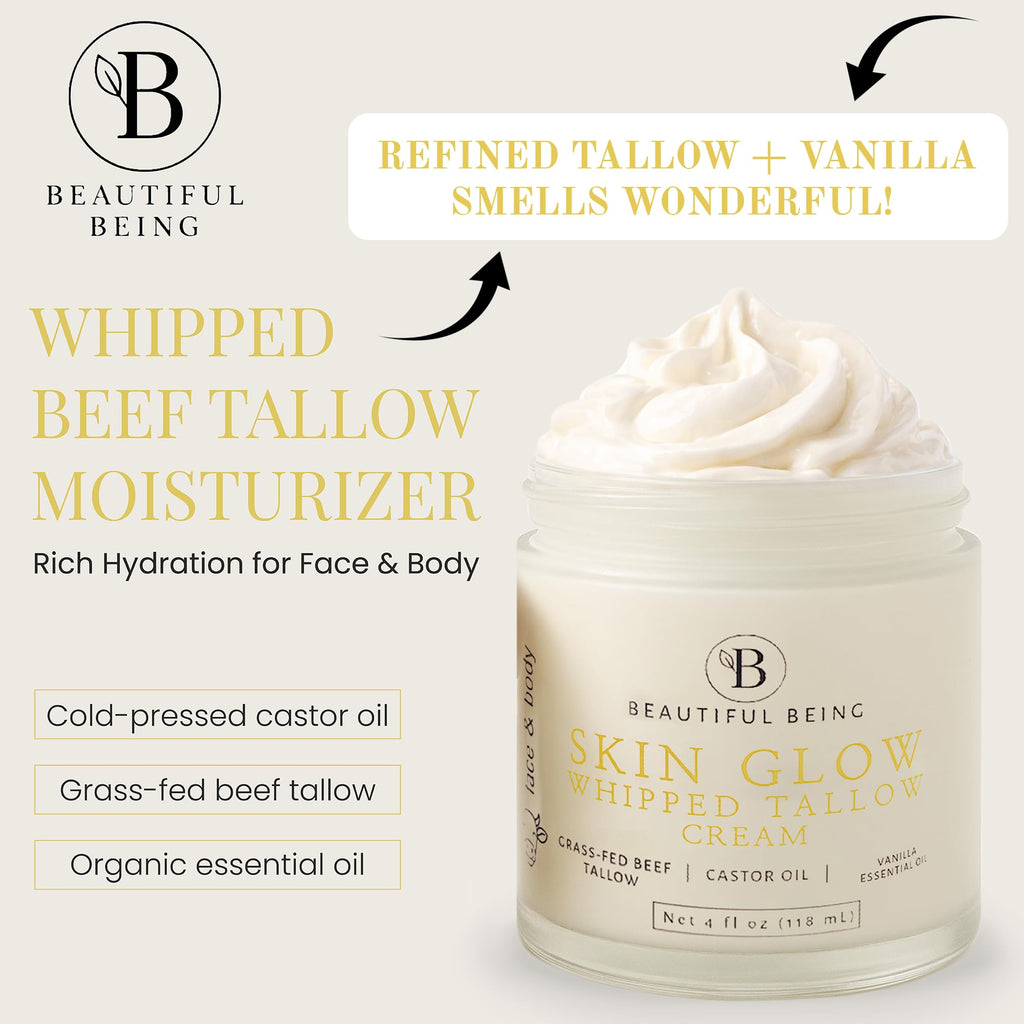 SKIN GLOW - Grass-Fed Whipped Beef Tallow for Menopausal & Mature Skin – Deep Nourishing Cream for Sensitive Skin – Face & Body - Simple, Non-Toxic - Castor Oil Infused, Light Aroma (VANILLA, 4oz)