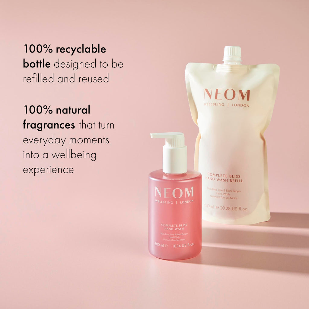 Neom Complete Bliss Hand Wash Refill, 600ml I Infused with soothing pomegranate, chamomile extracts and skin-softening aloe vera I 100% natural fragrances and 100% recyclable pouch